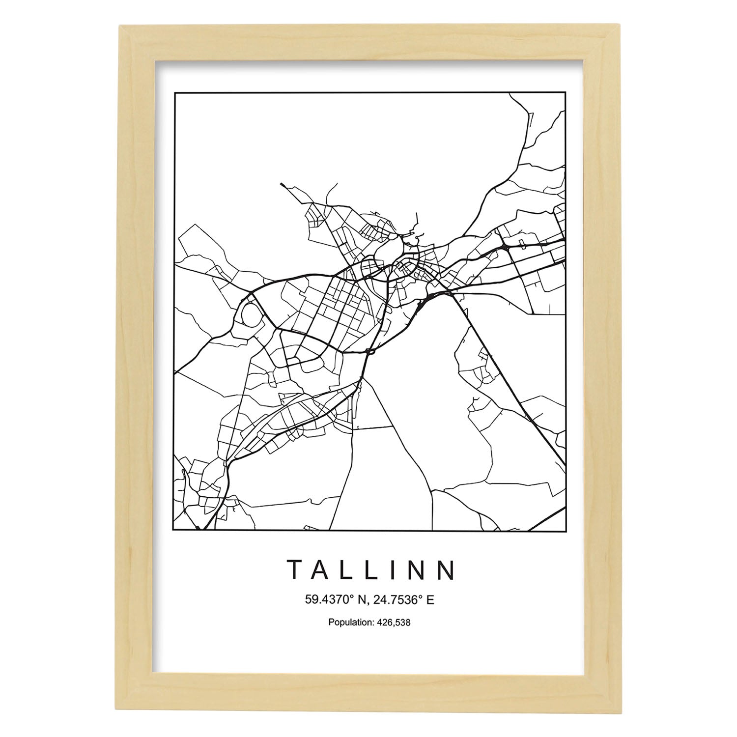 Lámina Mapa de la Ciudad Tallinn Estilo nordico en Blanco y negro.-Artwork-Nacnic-A3-Marco Madera clara-Nacnic Estudio SL
