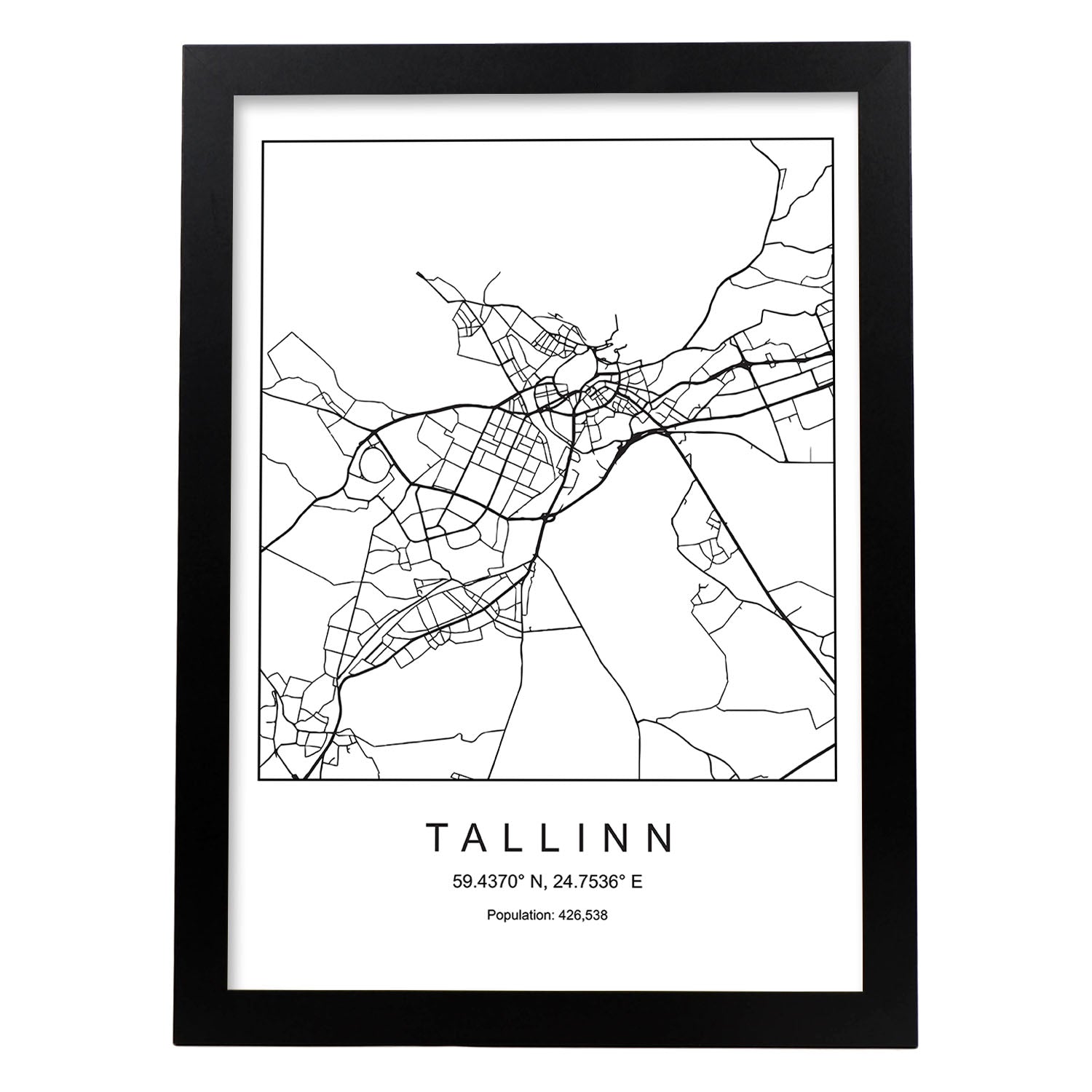 Lámina Mapa de la Ciudad Tallinn Estilo nordico en Blanco y negro.-Artwork-Nacnic-A3-Marco Negro-Nacnic Estudio SL