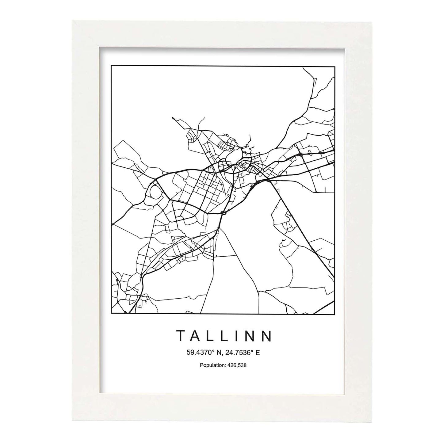 Lámina Mapa de la Ciudad Tallinn Estilo nordico en Blanco y negro.-Artwork-Nacnic-A4-Marco Blanco-Nacnic Estudio SL