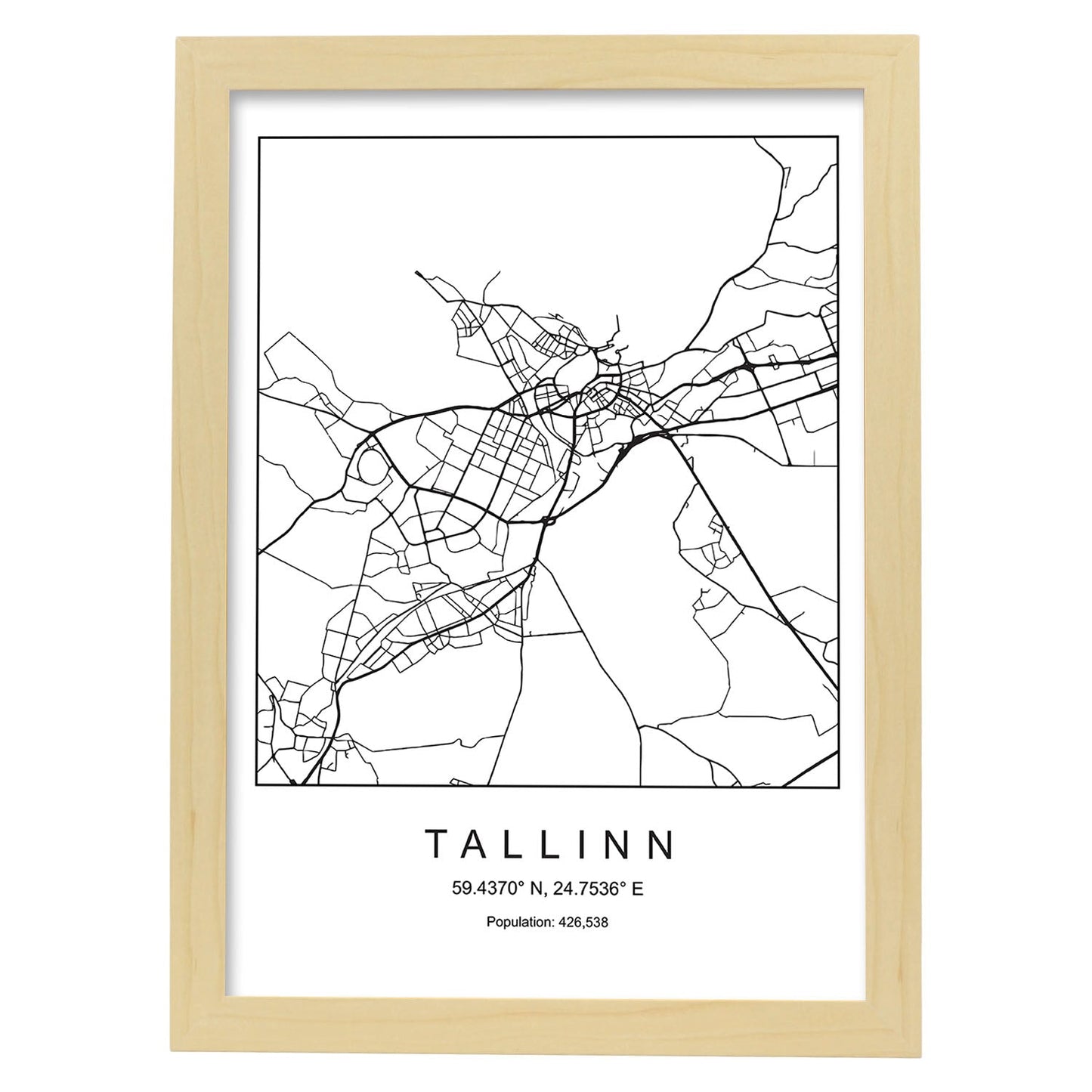 Lámina Mapa de la Ciudad Tallinn Estilo nordico en Blanco y negro.-Artwork-Nacnic-A4-Marco Madera clara-Nacnic Estudio SL