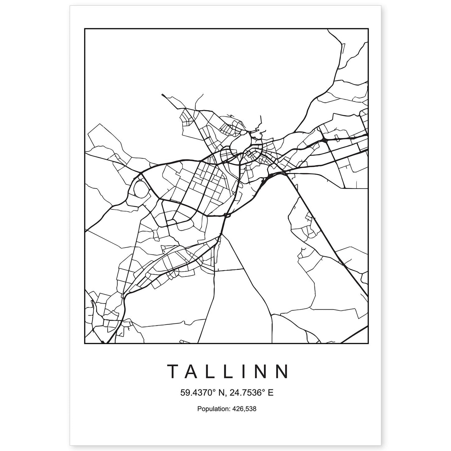 Lámina Mapa de la Ciudad Tallinn Estilo nordico en Blanco y negro.-Artwork-Nacnic-A4-Sin marco-Nacnic Estudio SL