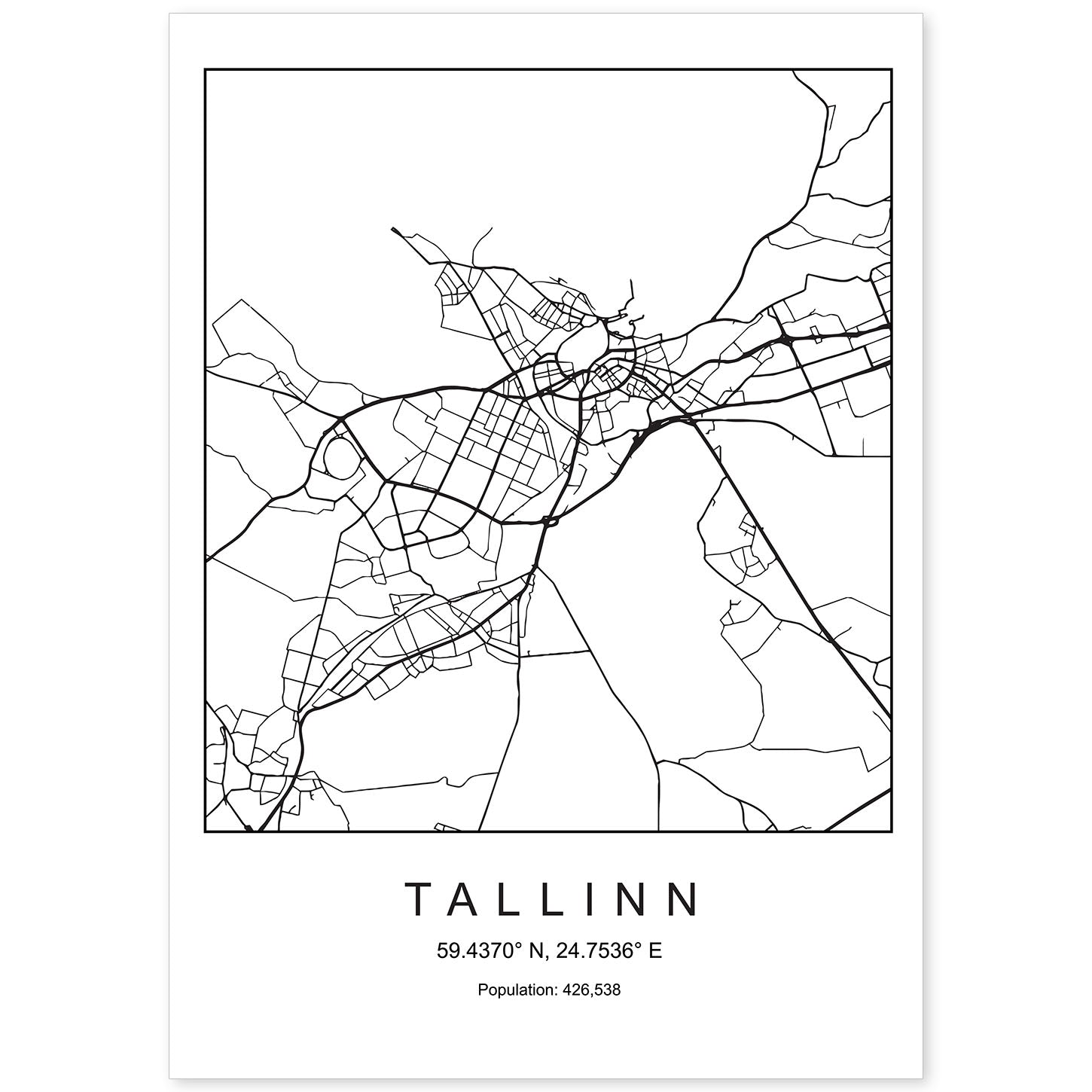 Lámina Mapa de la Ciudad Tallinn Estilo nordico en Blanco y negro.-Artwork-Nacnic-A4-Sin marco-Nacnic Estudio SL