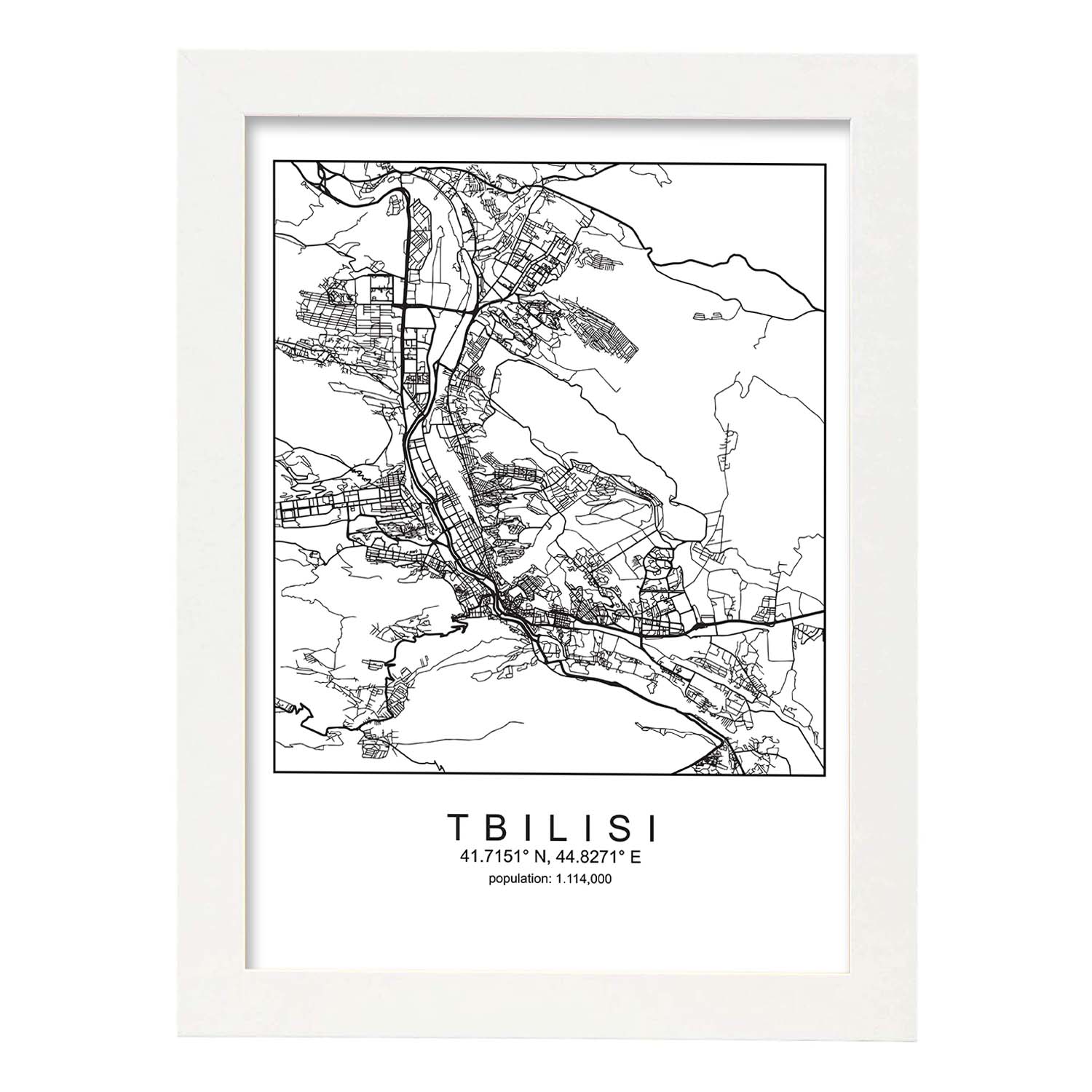 Lámina Mapa de la Ciudad Tbilisi Estilo nordico en Blanco y negro.-Artwork-Nacnic-A3-Marco Blanco-Nacnic Estudio SL