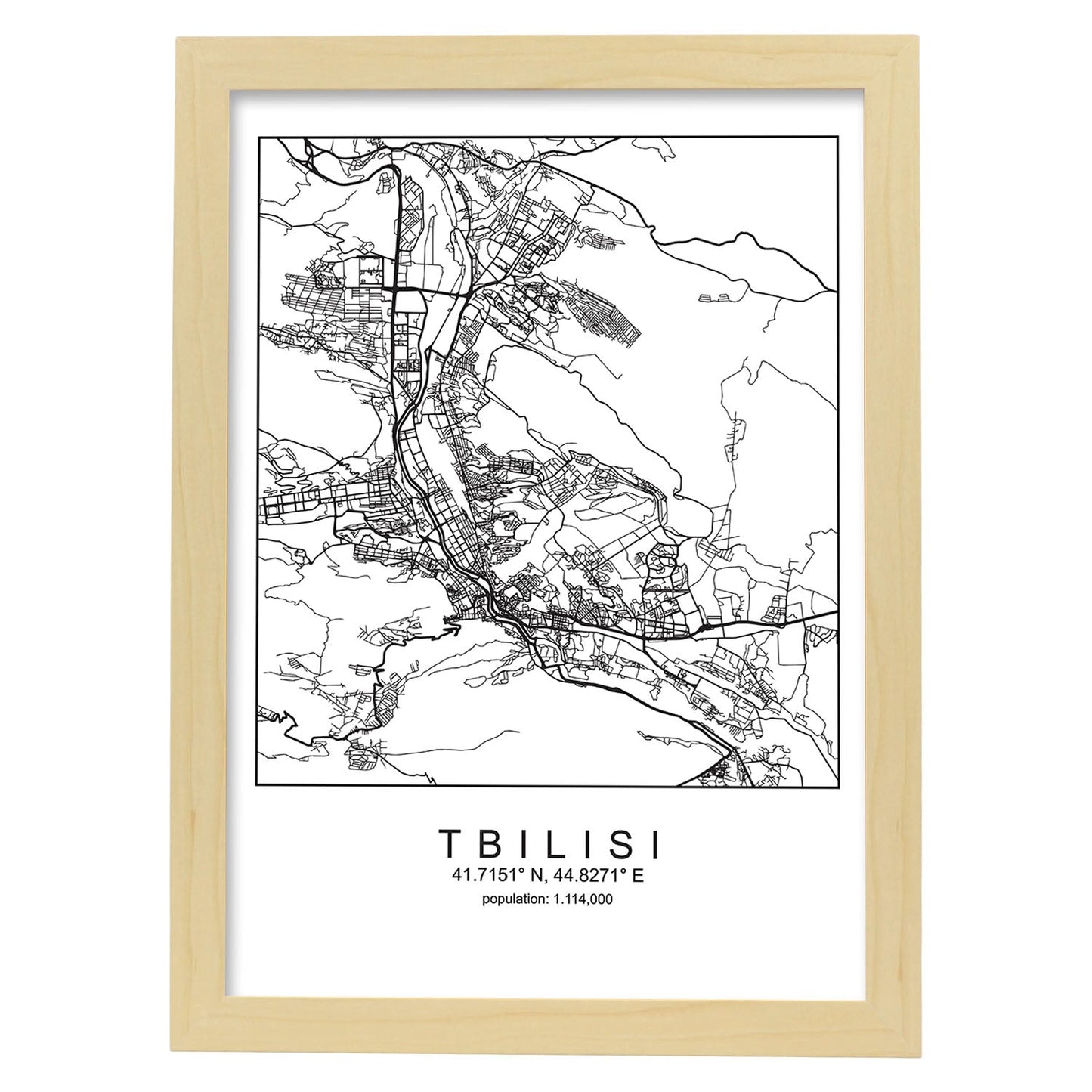 Lámina Mapa de la Ciudad Tbilisi Estilo nordico en Blanco y negro.-Artwork-Nacnic-A3-Marco Madera clara-Nacnic Estudio SL