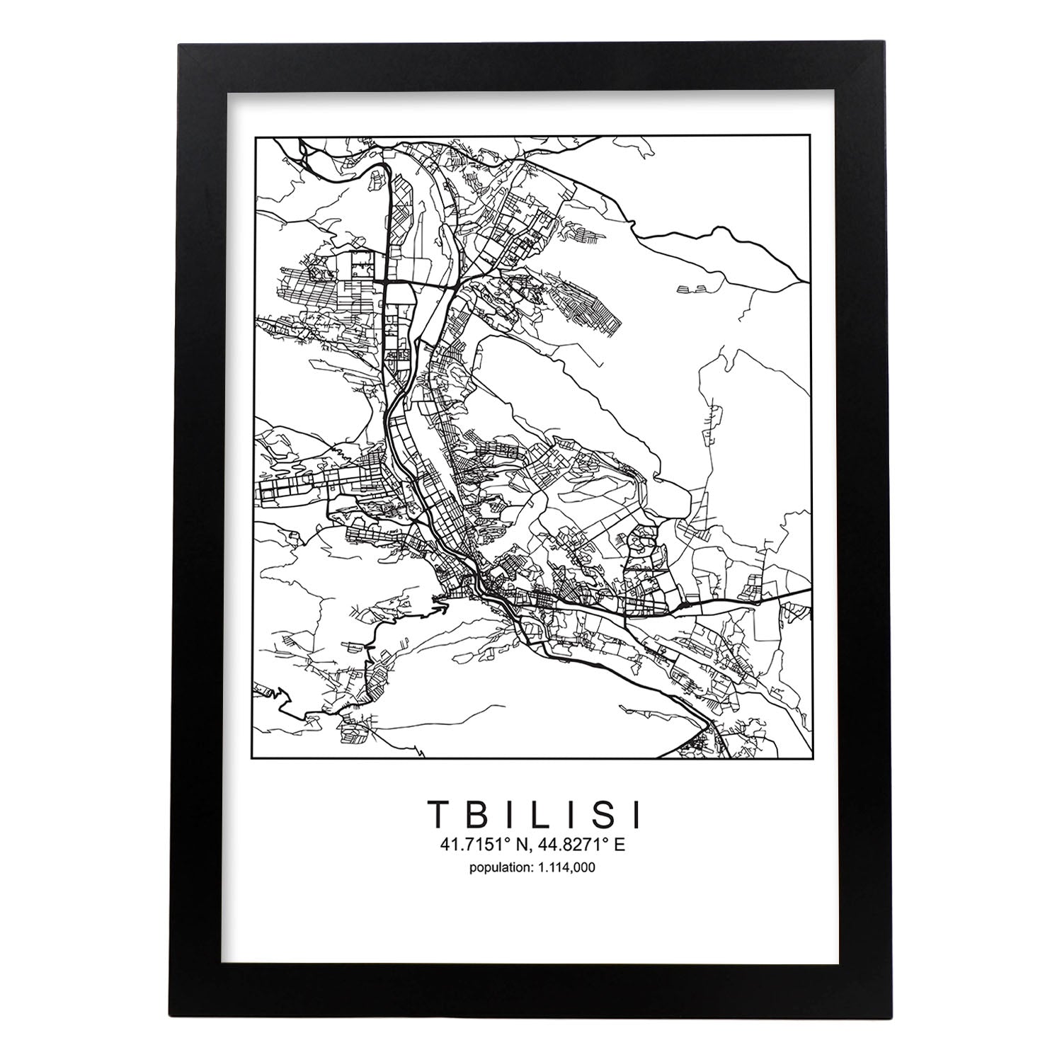 Lámina Mapa de la Ciudad Tbilisi Estilo nordico en Blanco y negro.-Artwork-Nacnic-A3-Marco Negro-Nacnic Estudio SL