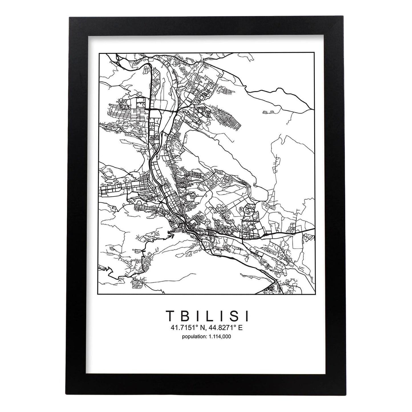 Lámina Mapa de la Ciudad Tbilisi Estilo nordico en Blanco y negro.-Artwork-Nacnic-A4-Marco Negro-Nacnic Estudio SL