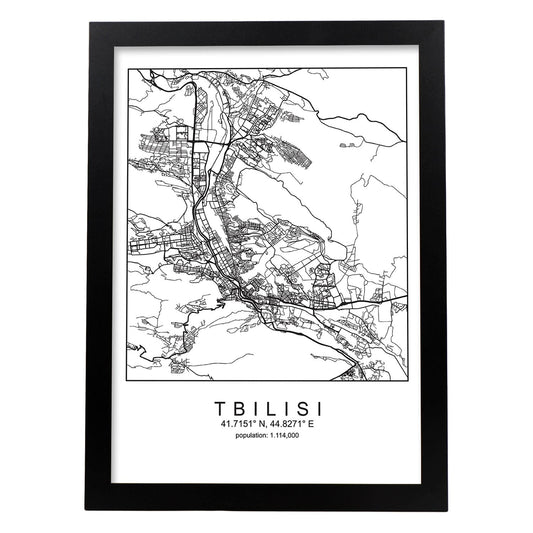 Lámina Mapa de la Ciudad Tbilisi Estilo nordico en Blanco y negro.-Artwork-Nacnic-A4-Marco Negro-Nacnic Estudio SL