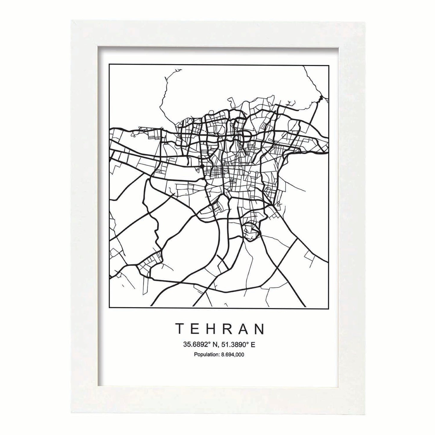 Lámina Mapa de la Ciudad Tehran Estilo nordico en Blanco y negro.-Artwork-Nacnic-A3-Marco Blanco-Nacnic Estudio SL