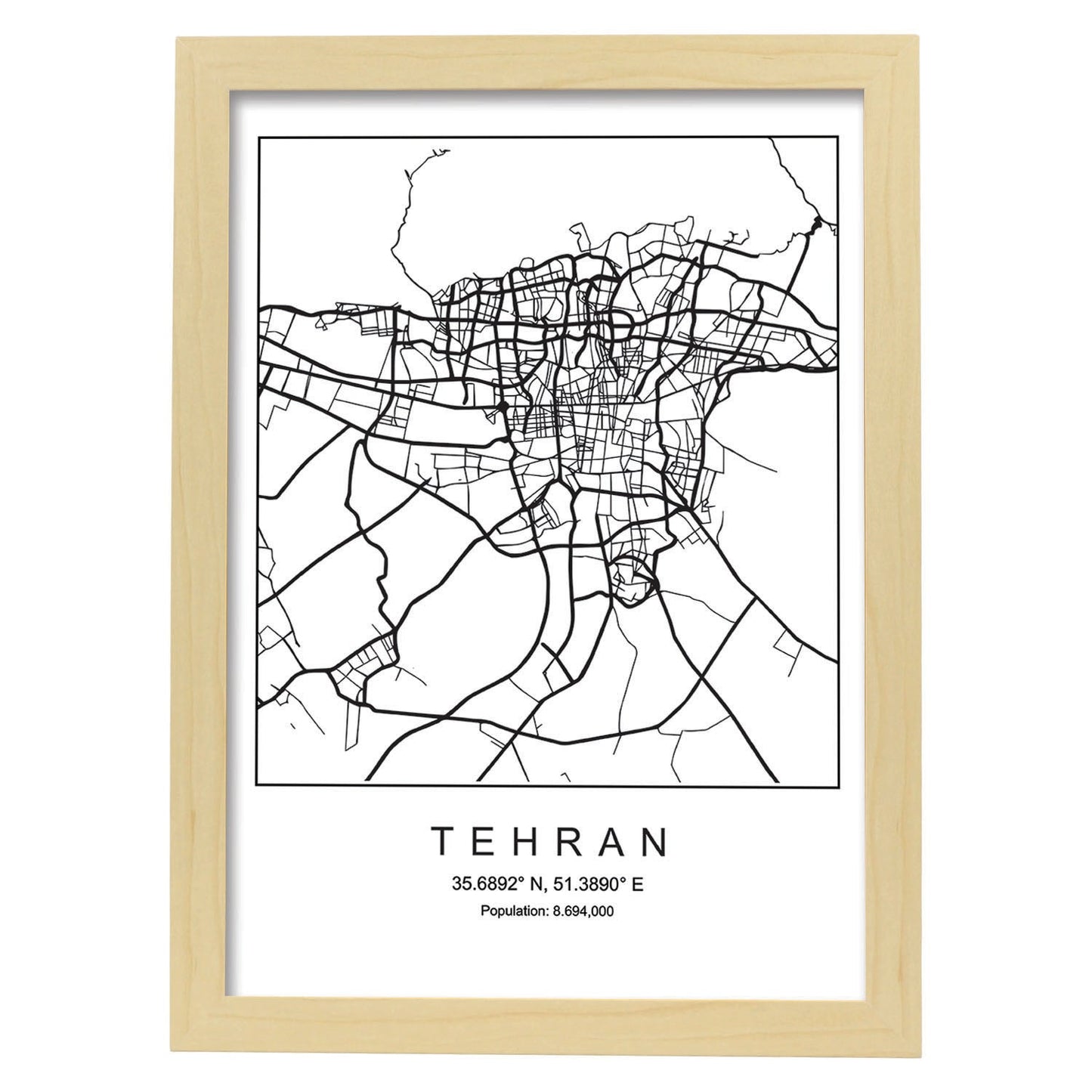 Lámina Mapa de la Ciudad Tehran Estilo nordico en Blanco y negro.-Artwork-Nacnic-A3-Marco Madera clara-Nacnic Estudio SL
