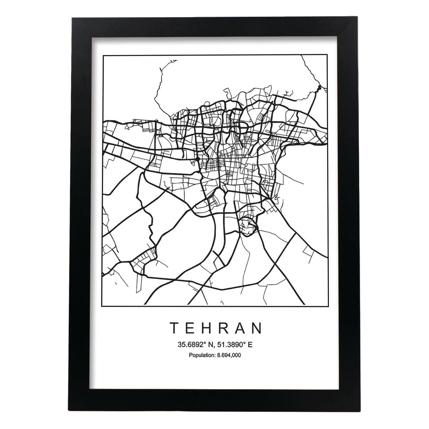 Lámina Mapa de la Ciudad Tehran Estilo nordico en Blanco y negro.-Artwork-Nacnic-A3-Marco Negro-Nacnic Estudio SL