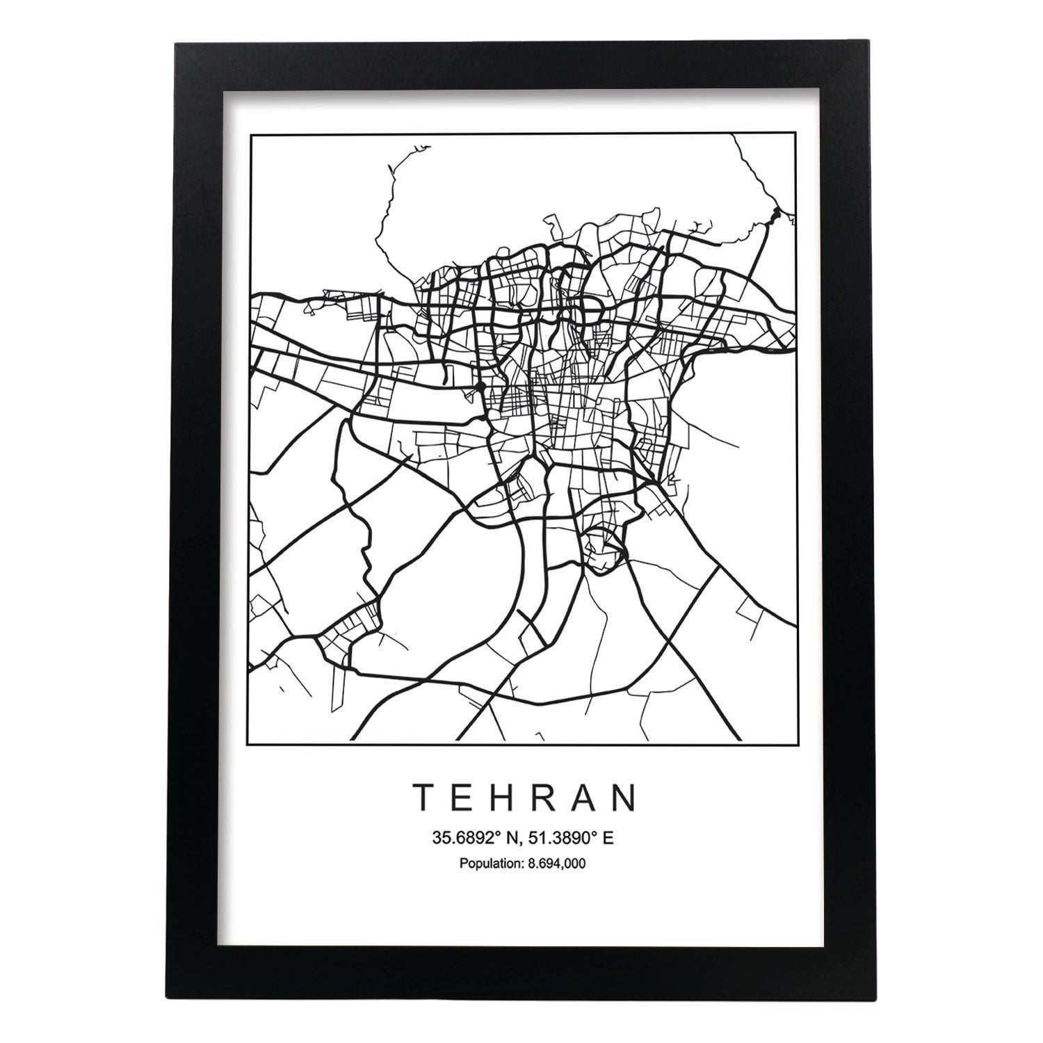 Lámina Mapa de la Ciudad Tehran Estilo nordico en Blanco y negro.-Artwork-Nacnic-A4-Marco Negro-Nacnic Estudio SL
