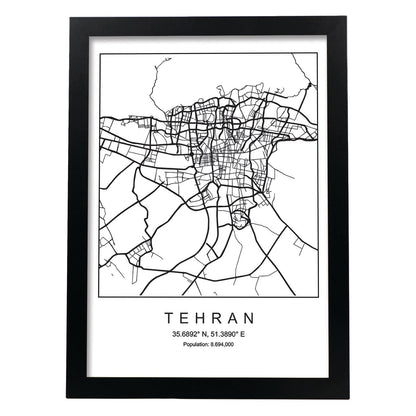 Lámina Mapa de la Ciudad Tehran Estilo nordico en Blanco y negro.-Artwork-Nacnic-A4-Marco Negro-Nacnic Estudio SL