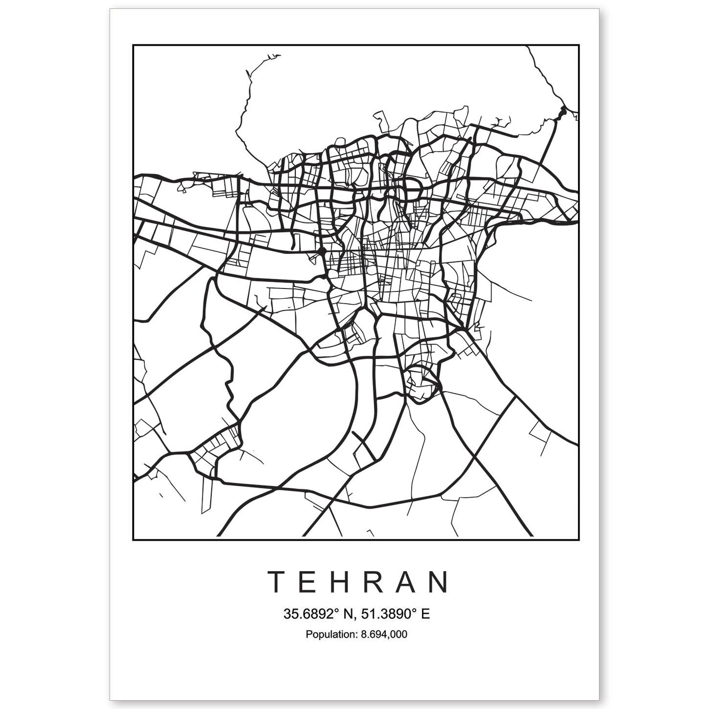 Lámina Mapa de la Ciudad Tehran Estilo nordico en Blanco y negro.-Artwork-Nacnic-A4-Sin marco-Nacnic Estudio SL