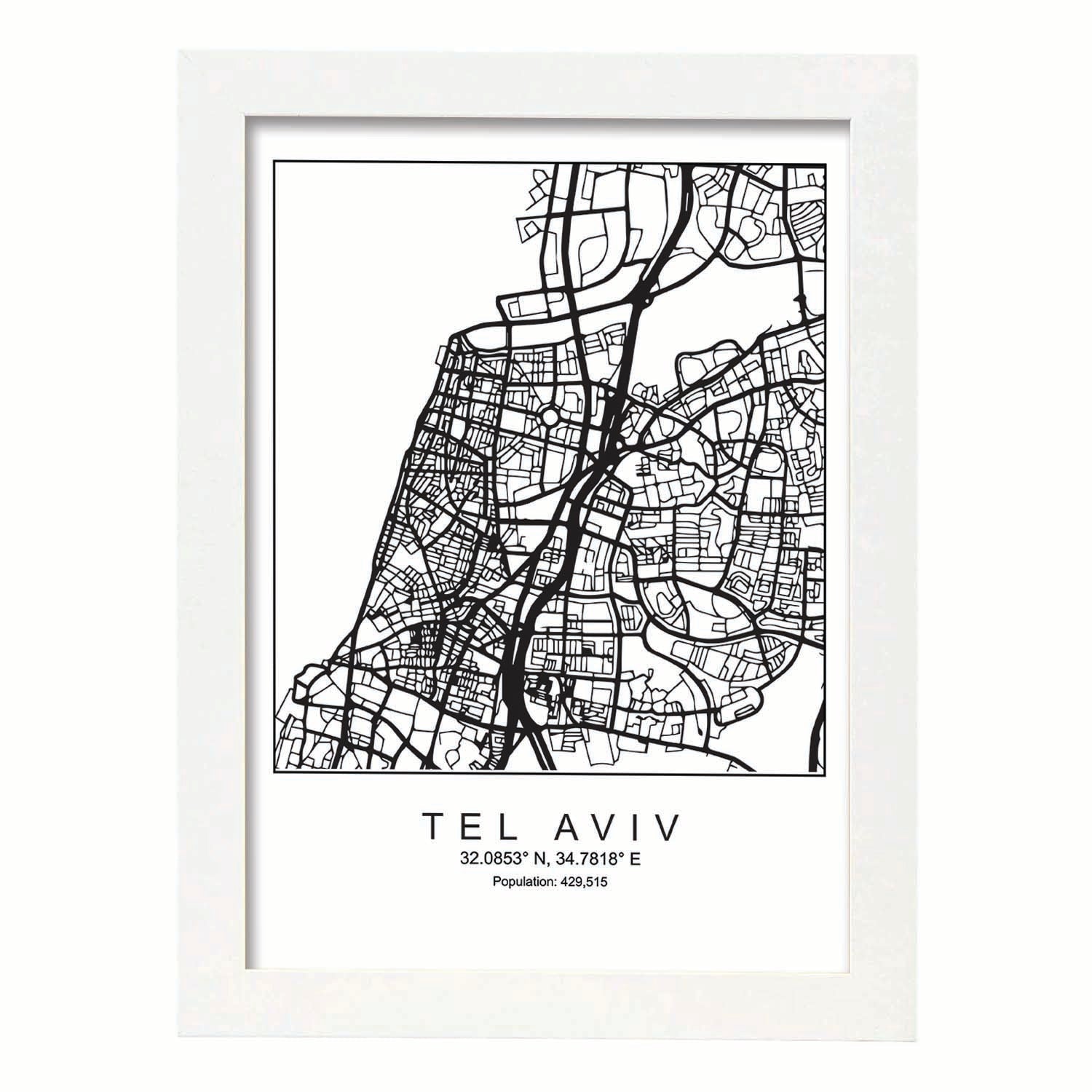 Lámina Mapa de la Ciudad Tel aviv Estilo nordico en Blanco y negro.-Artwork-Nacnic-A3-Marco Blanco-Nacnic Estudio SL