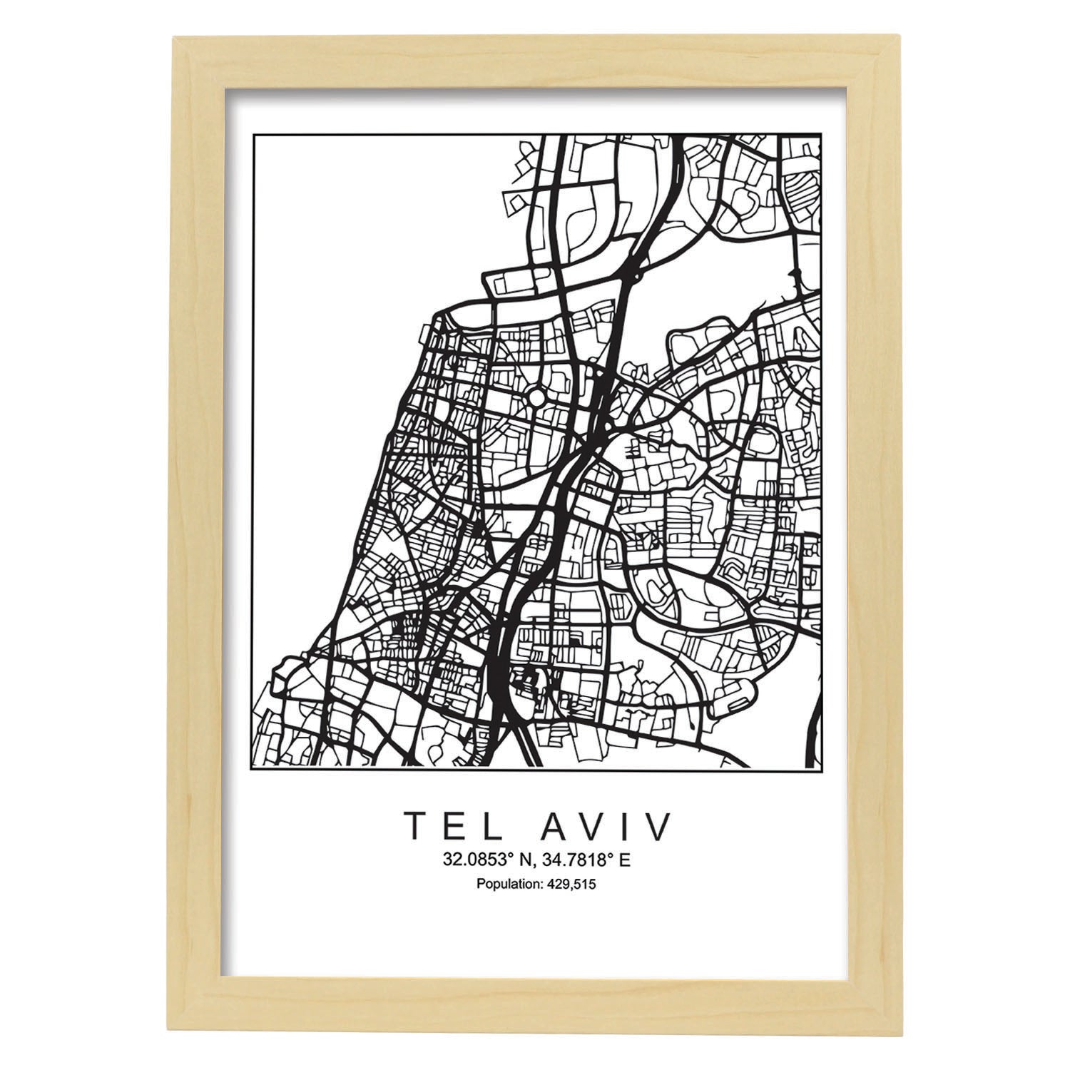 Lámina Mapa de la Ciudad Tel aviv Estilo nordico en Blanco y negro.-Artwork-Nacnic-A3-Marco Madera clara-Nacnic Estudio SL