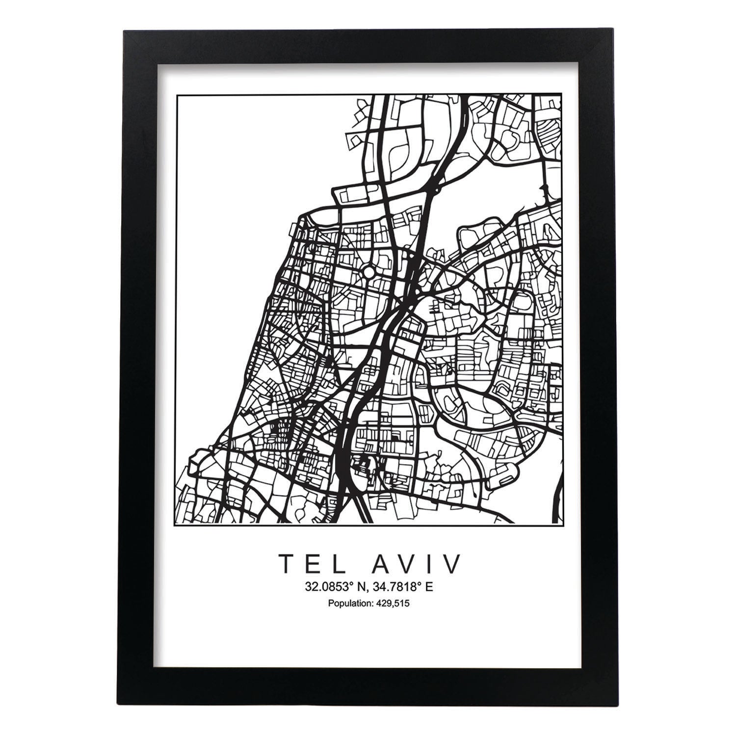 Lámina Mapa de la Ciudad Tel aviv Estilo nordico en Blanco y negro.-Artwork-Nacnic-A3-Marco Negro-Nacnic Estudio SL