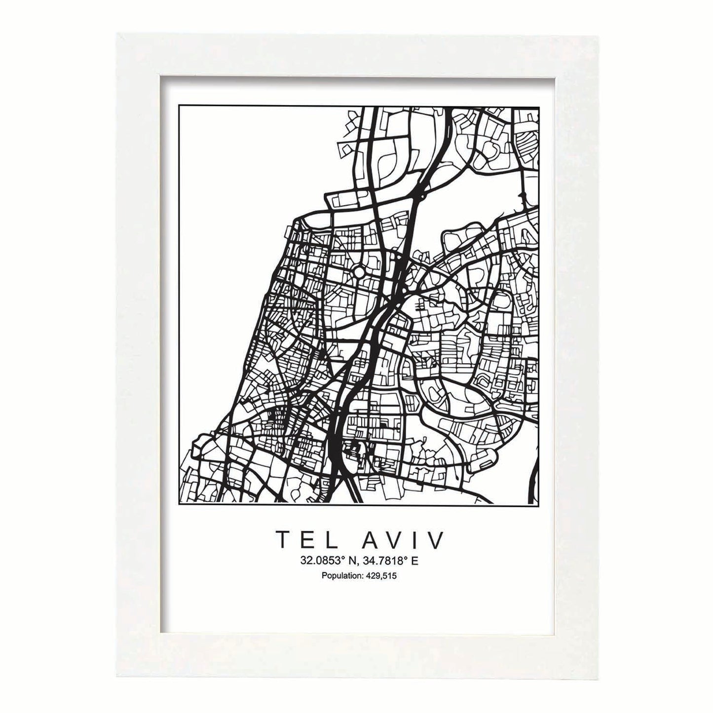 Lámina Mapa de la Ciudad Tel aviv Estilo nordico en Blanco y negro.-Artwork-Nacnic-A4-Marco Blanco-Nacnic Estudio SL
