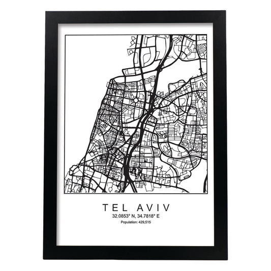 Lámina Mapa de la Ciudad Tel aviv Estilo nordico en Blanco y negro.-Artwork-Nacnic-A4-Marco Negro-Nacnic Estudio SL