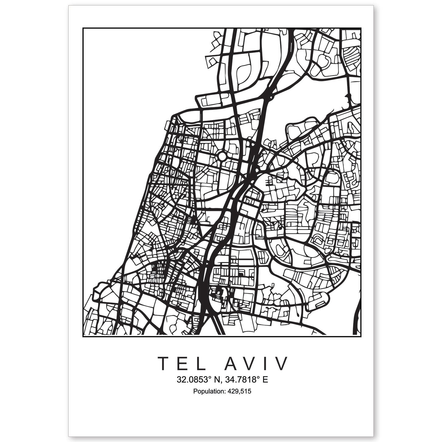 Lámina Mapa de la Ciudad Tel aviv Estilo nordico en Blanco y negro.-Artwork-Nacnic-A4-Sin marco-Nacnic Estudio SL