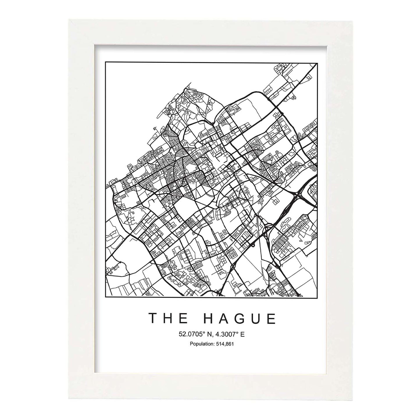 Lámina Mapa de la Ciudad The Hague Estilo nordico en Blanco y negro.-Artwork-Nacnic-A3-Marco Blanco-Nacnic Estudio SL