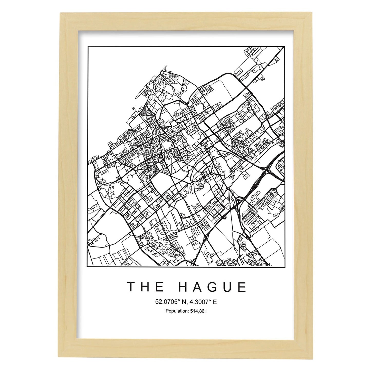 Lámina Mapa de la Ciudad The Hague Estilo nordico en Blanco y negro.-Artwork-Nacnic-A3-Marco Madera clara-Nacnic Estudio SL