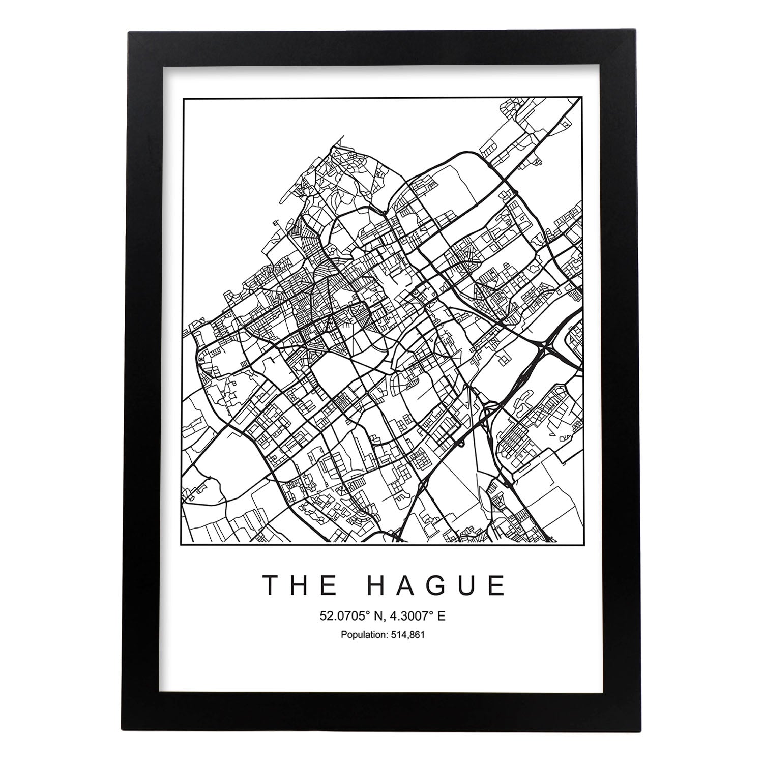 Lámina Mapa de la Ciudad The Hague Estilo nordico en Blanco y negro.-Artwork-Nacnic-A3-Marco Negro-Nacnic Estudio SL