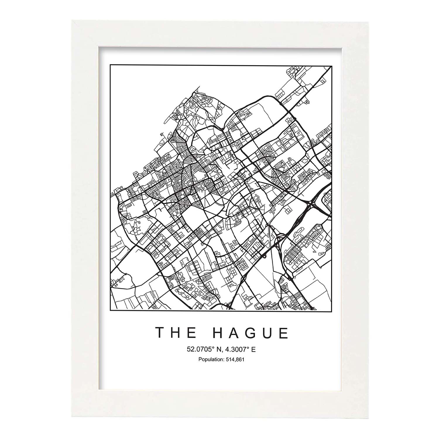 Lámina Mapa de la Ciudad The Hague Estilo nordico en Blanco y negro.-Artwork-Nacnic-A4-Marco Blanco-Nacnic Estudio SL