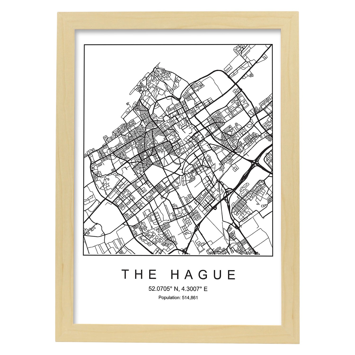 Lámina Mapa de la Ciudad The Hague Estilo nordico en Blanco y negro.-Artwork-Nacnic-A4-Marco Madera clara-Nacnic Estudio SL