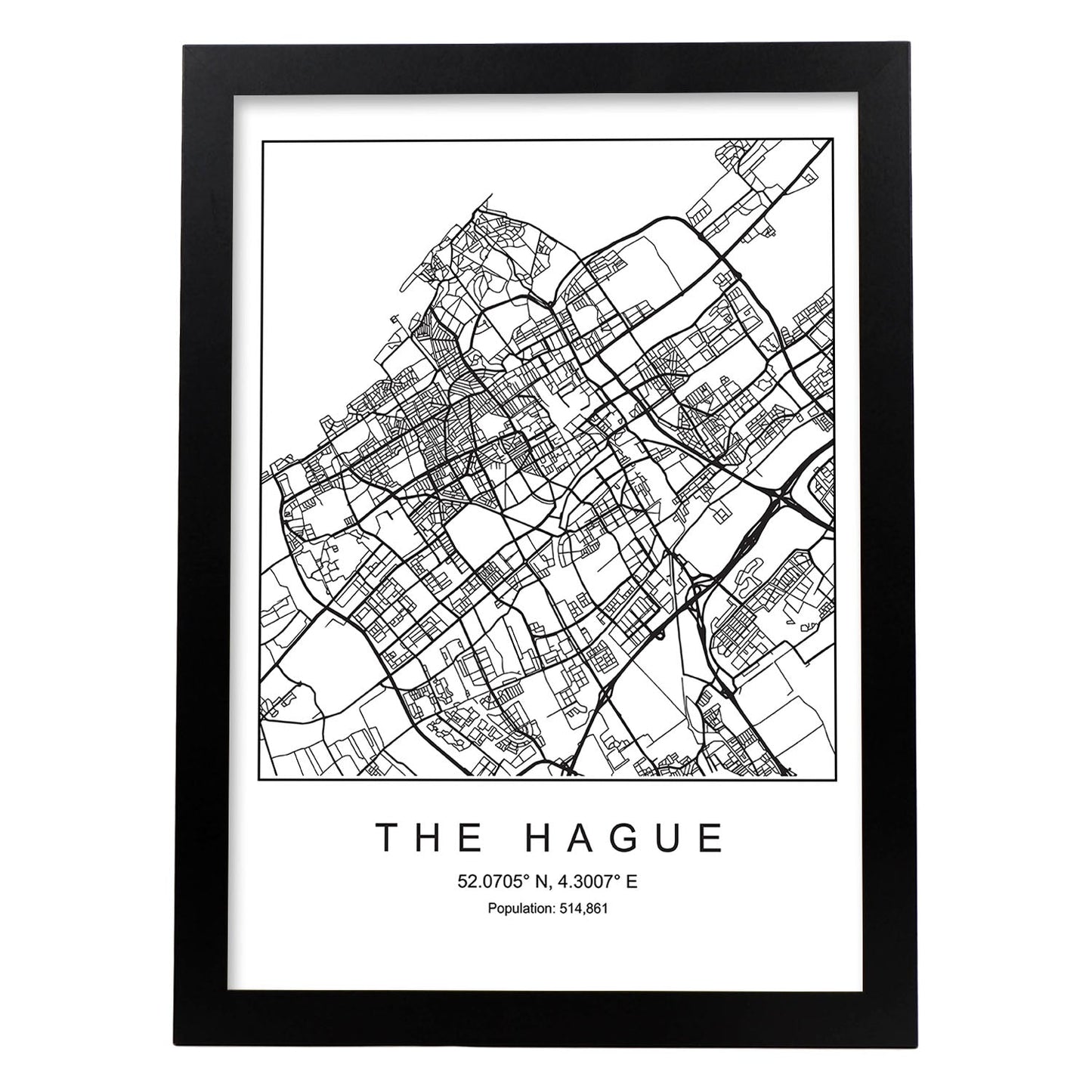 Lámina Mapa de la Ciudad The Hague Estilo nordico en Blanco y negro.-Artwork-Nacnic-A4-Marco Negro-Nacnic Estudio SL