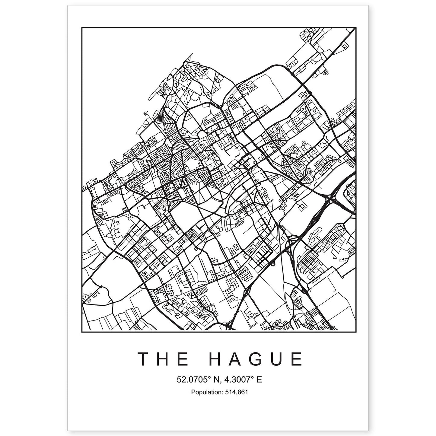 Lámina Mapa de la Ciudad The Hague Estilo nordico en Blanco y negro.-Artwork-Nacnic-A4-Sin marco-Nacnic Estudio SL