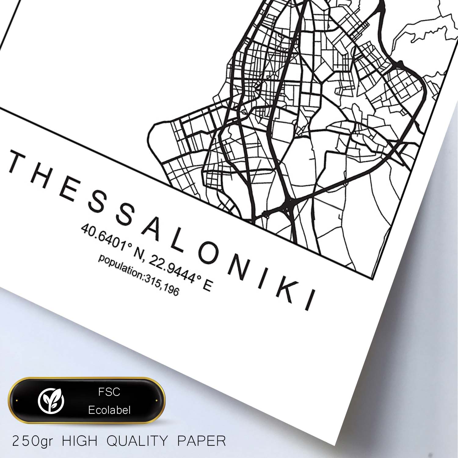 Lámina Mapa de la Ciudad Thessaloniki Estilo nordico en Blanco y negro.-Artwork-Nacnic-Nacnic Estudio SL