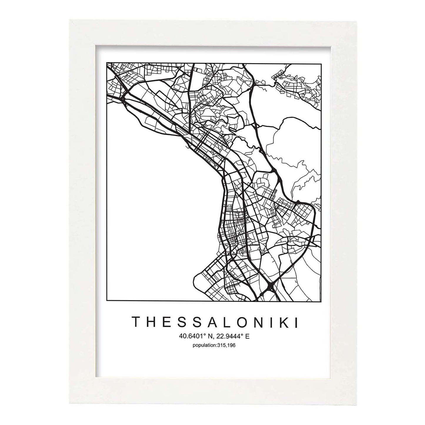 Lámina Mapa de la Ciudad Thessaloniki Estilo nordico en Blanco y negro.-Artwork-Nacnic-A3-Marco Blanco-Nacnic Estudio SL