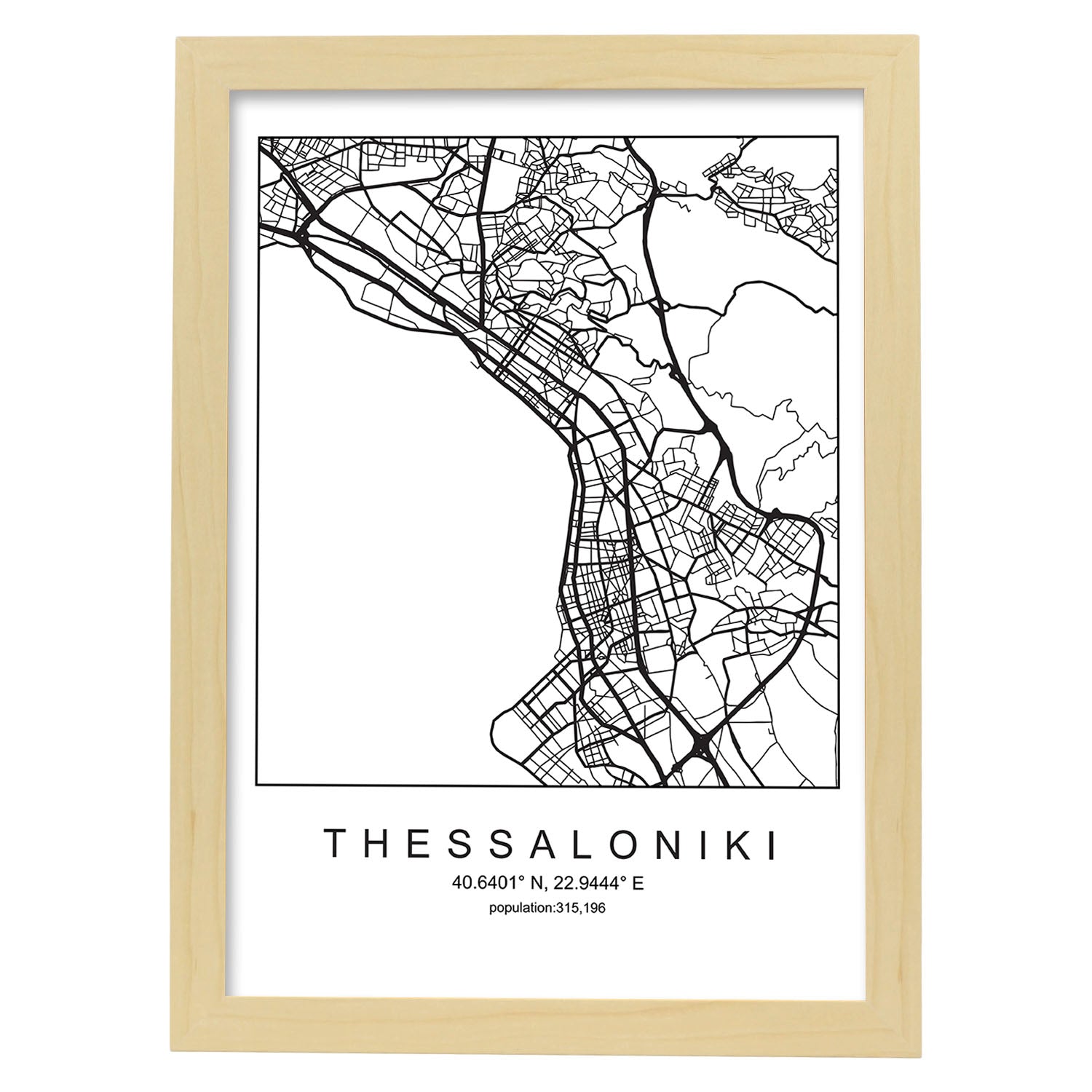 Lámina Mapa de la Ciudad Thessaloniki Estilo nordico en Blanco y negro.-Artwork-Nacnic-A3-Marco Madera clara-Nacnic Estudio SL