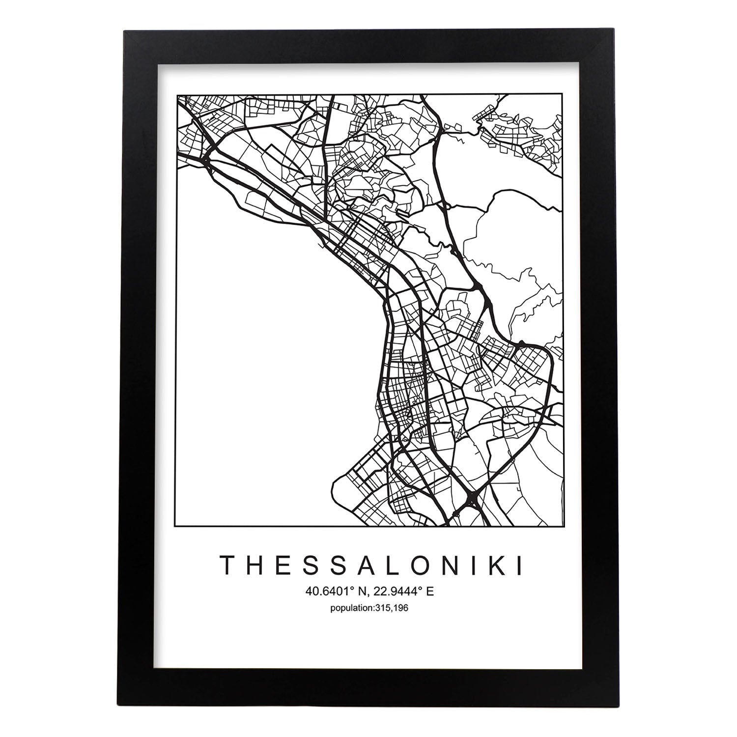 Lámina Mapa de la Ciudad Thessaloniki Estilo nordico en Blanco y negro.-Artwork-Nacnic-A3-Marco Negro-Nacnic Estudio SL