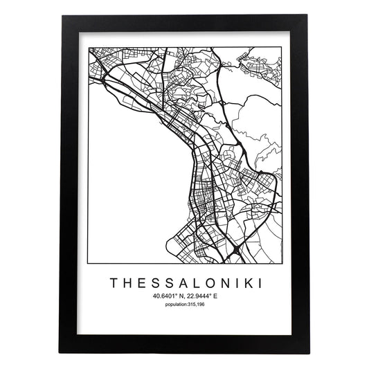 Lámina Mapa de la Ciudad Thessaloniki Estilo nordico en Blanco y negro.-Artwork-Nacnic-A4-Marco Negro-Nacnic Estudio SL