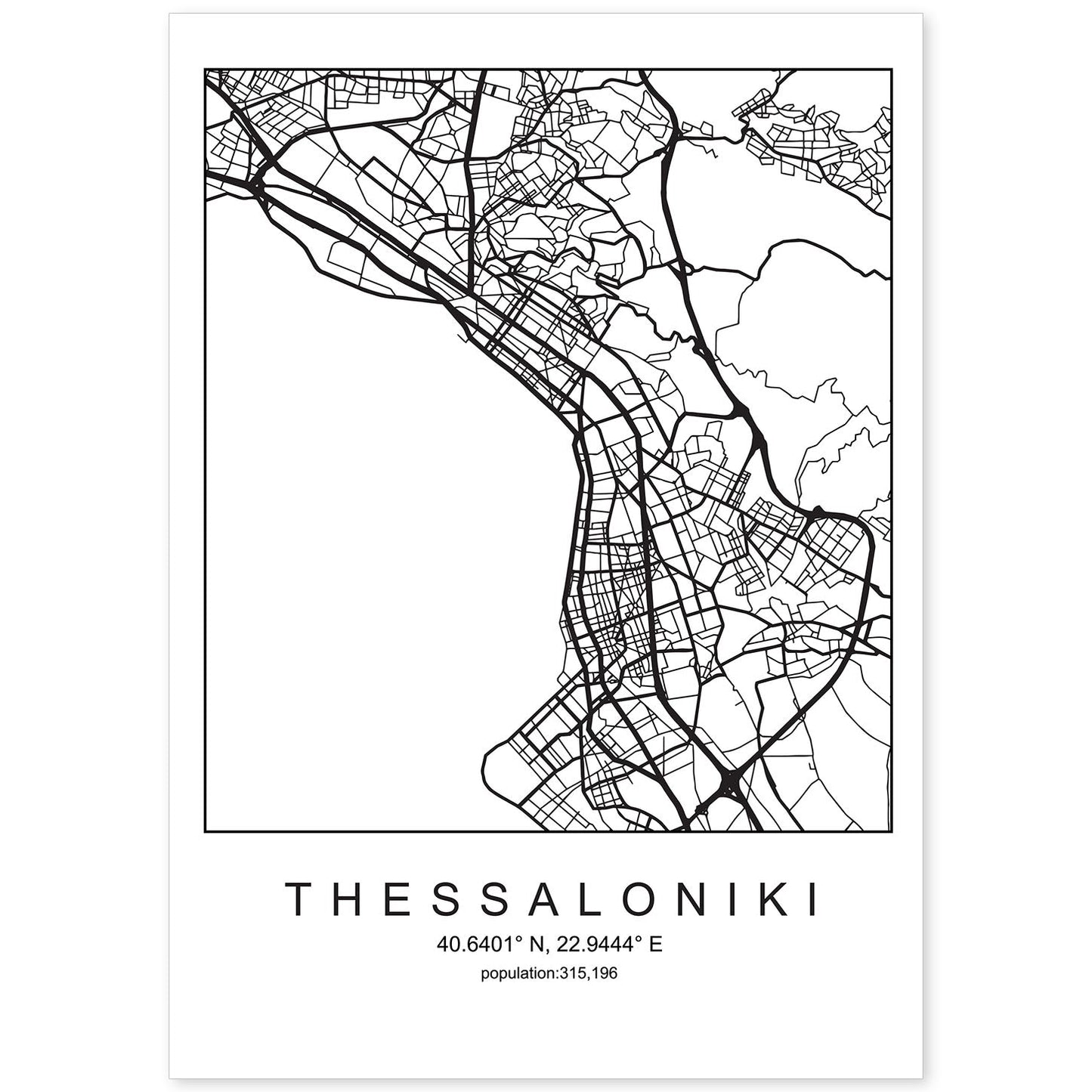 Lámina Mapa de la Ciudad Thessaloniki Estilo nordico en Blanco y negro.-Artwork-Nacnic-A4-Sin marco-Nacnic Estudio SL