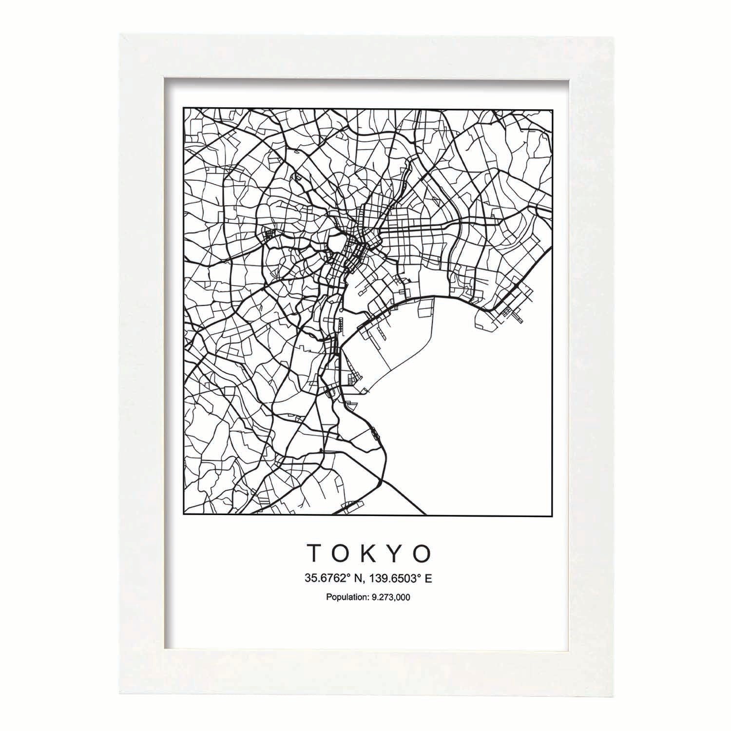 Lámina Mapa de la Ciudad Tokyo Estilo nordico en Blanco y negro.-Artwork-Nacnic-A3-Marco Blanco-Nacnic Estudio SL