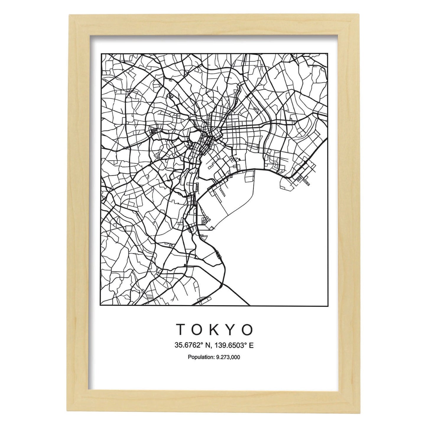 Lámina Mapa de la Ciudad Tokyo Estilo nordico en Blanco y negro.-Artwork-Nacnic-A3-Marco Madera clara-Nacnic Estudio SL