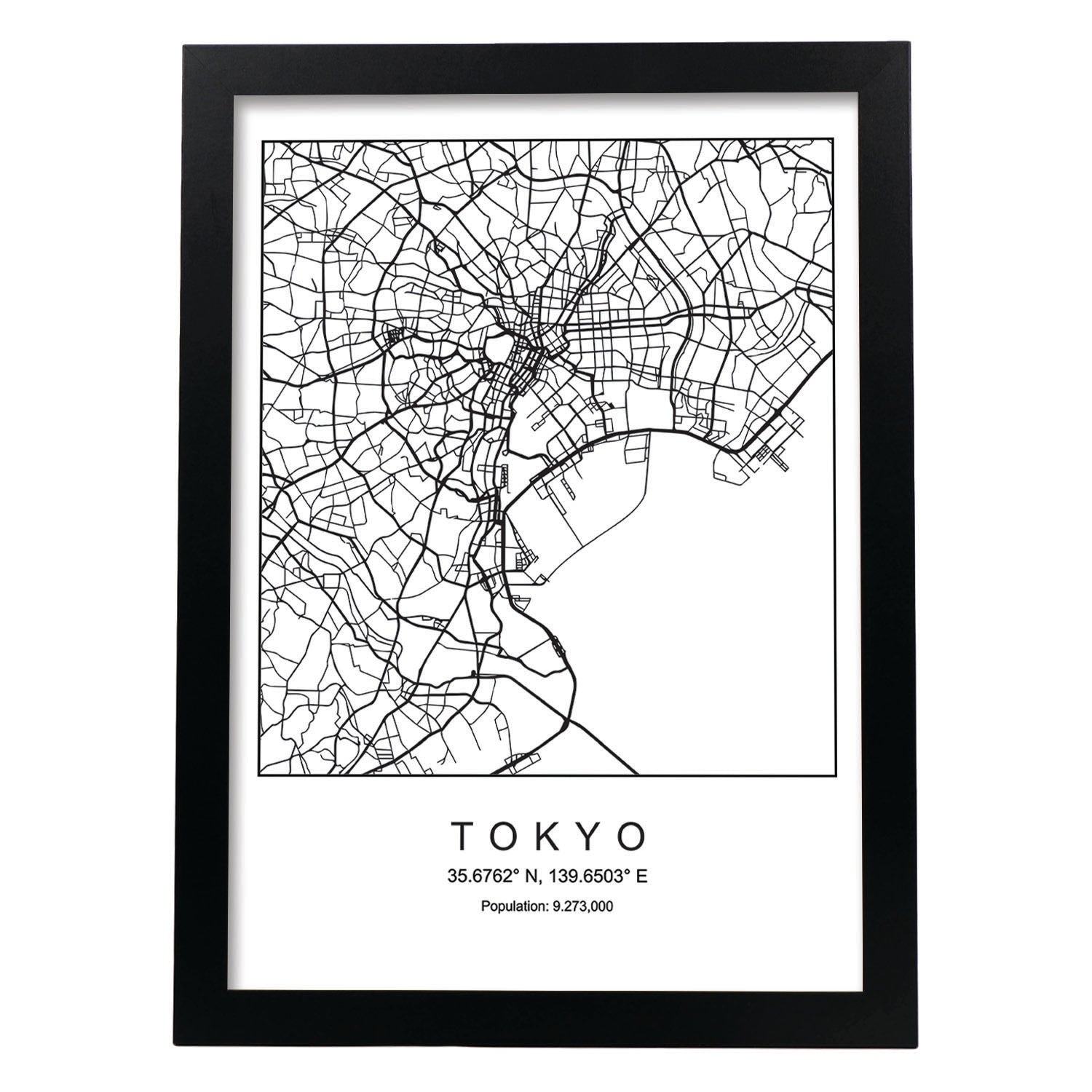 Lámina Mapa de la Ciudad Tokyo Estilo nordico en Blanco y negro.-Artwork-Nacnic-A3-Marco Negro-Nacnic Estudio SL