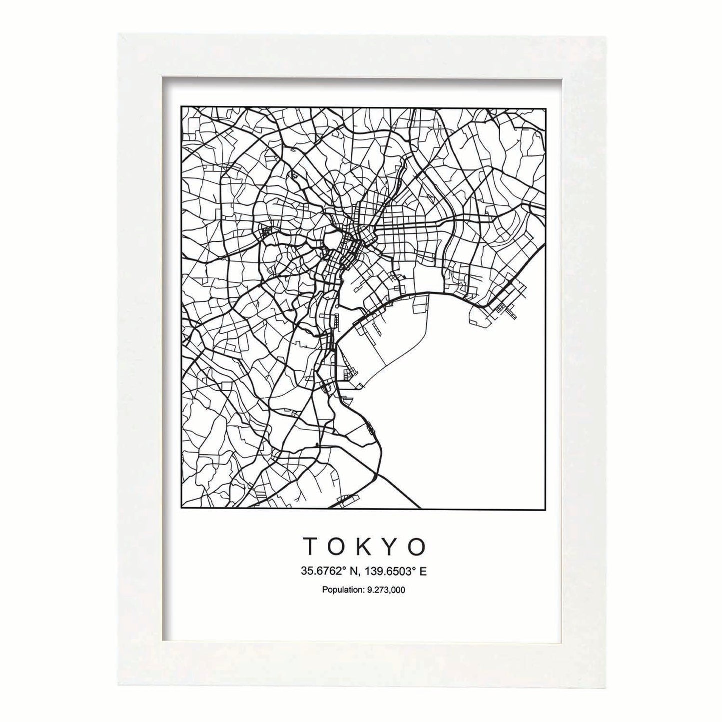 Lámina Mapa de la Ciudad Tokyo Estilo nordico en Blanco y negro.-Artwork-Nacnic-A4-Marco Blanco-Nacnic Estudio SL