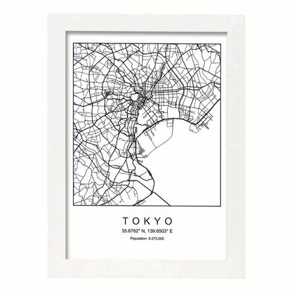 Lámina Mapa de la Ciudad Tokyo Estilo nordico en Blanco y negro.-Artwork-Nacnic-A4-Marco Blanco-Nacnic Estudio SL