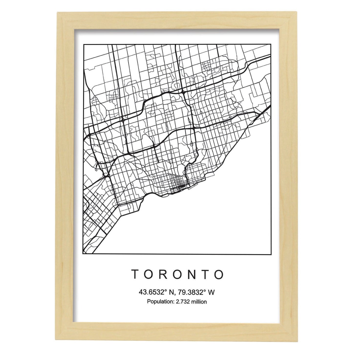 Lámina Mapa de la Ciudad Toronto Estilo nordico en Blanco y negro.-Artwork-Nacnic-A3-Marco Madera clara-Nacnic Estudio SL