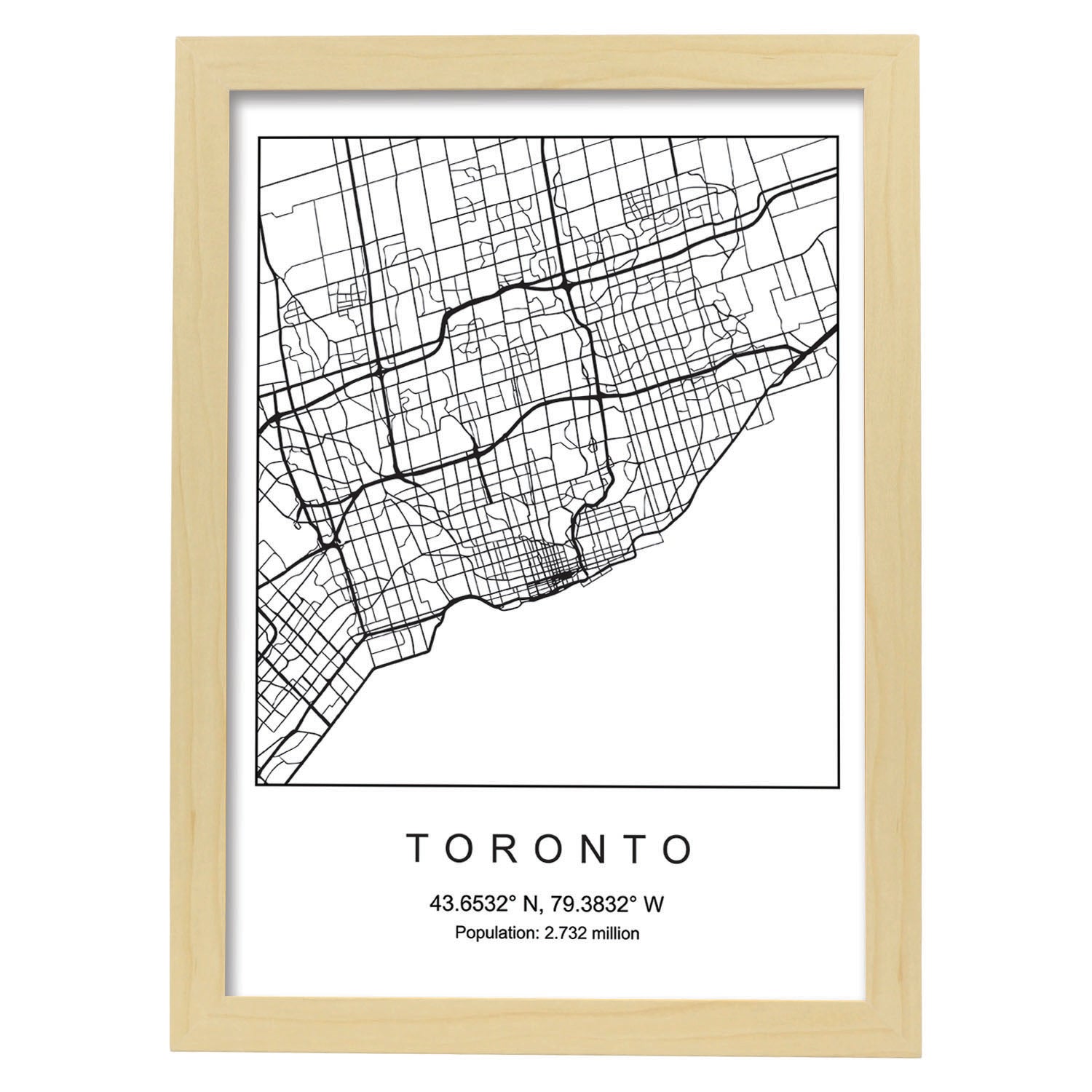 Lámina Mapa de la Ciudad Toronto Estilo nordico en Blanco y negro.-Artwork-Nacnic-A4-Marco Madera clara-Nacnic Estudio SL