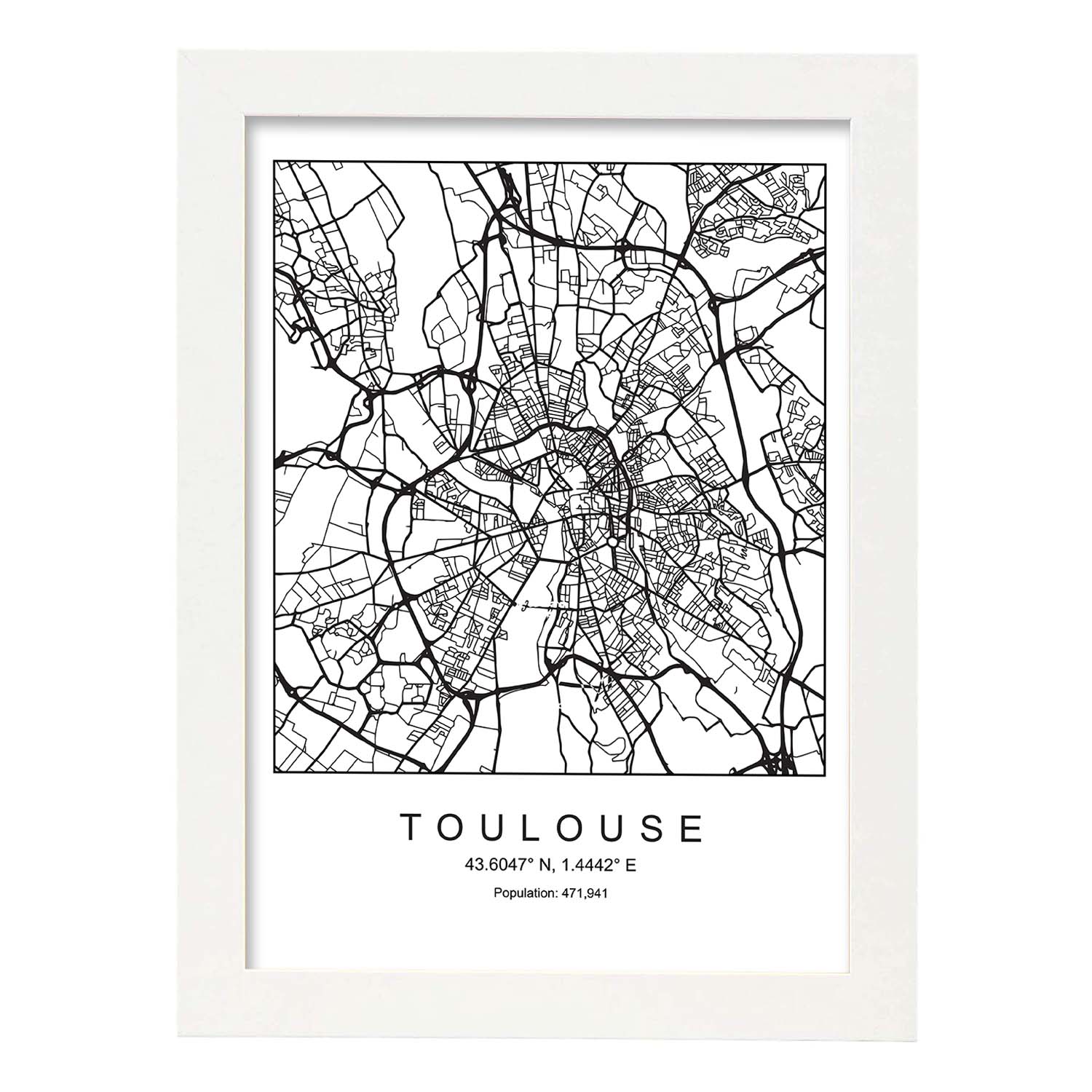 Lámina Mapa de la Ciudad Toulouse Estilo nordico en Blanco y negro.-Artwork-Nacnic-A3-Marco Blanco-Nacnic Estudio SL