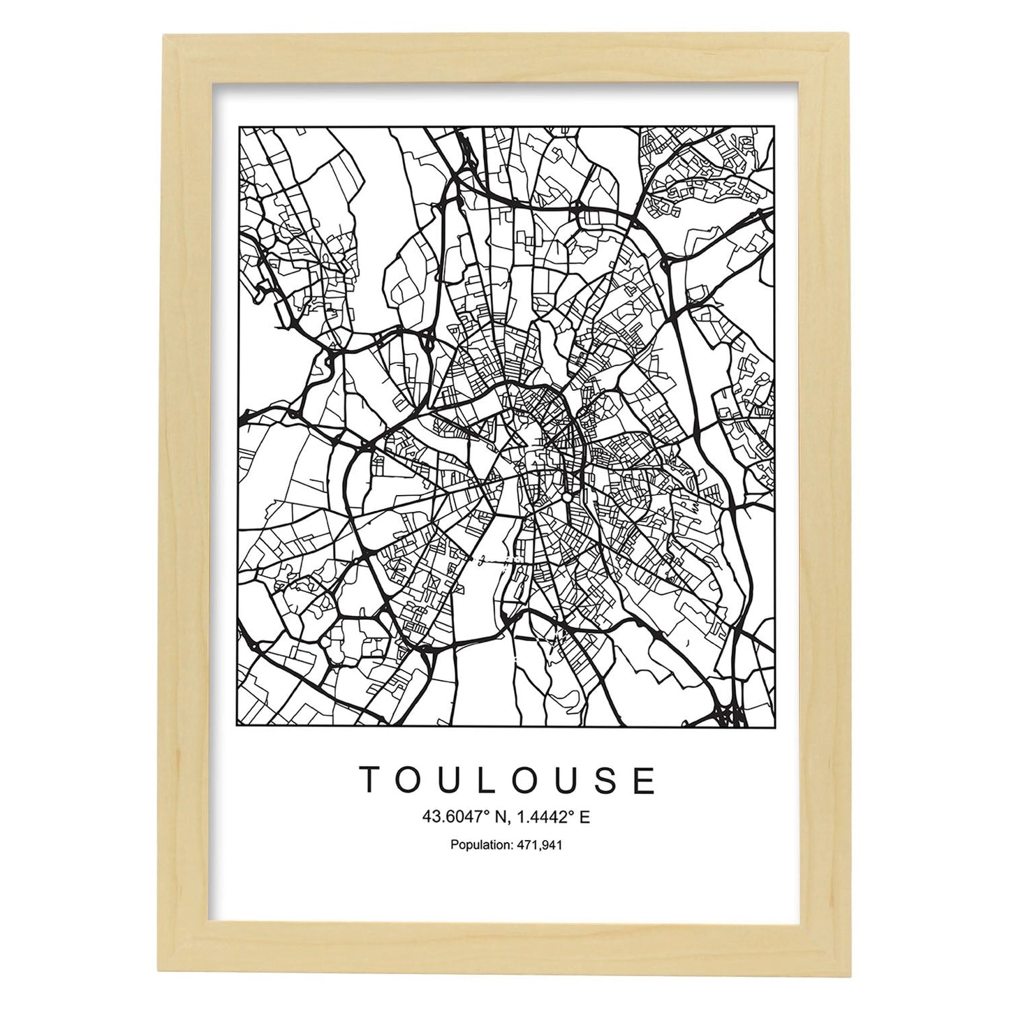Lámina Mapa de la Ciudad Toulouse Estilo nordico en Blanco y negro.-Artwork-Nacnic-A3-Marco Madera clara-Nacnic Estudio SL