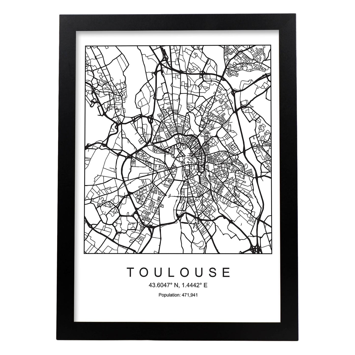 Lámina Mapa de la Ciudad Toulouse Estilo nordico en Blanco y negro.-Artwork-Nacnic-A3-Marco Negro-Nacnic Estudio SL