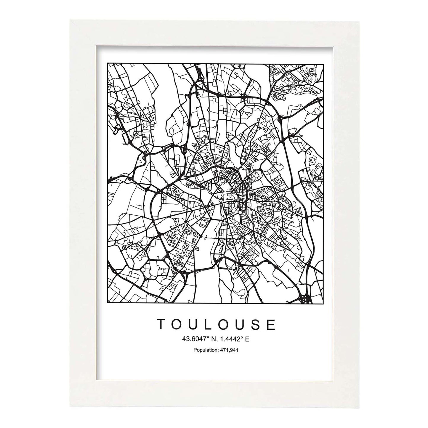 Lámina Mapa de la Ciudad Toulouse Estilo nordico en Blanco y negro.-Artwork-Nacnic-A4-Marco Blanco-Nacnic Estudio SL