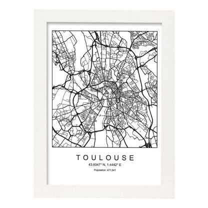 Lámina Mapa de la Ciudad Toulouse Estilo nordico en Blanco y negro.-Artwork-Nacnic-A4-Marco Blanco-Nacnic Estudio SL
