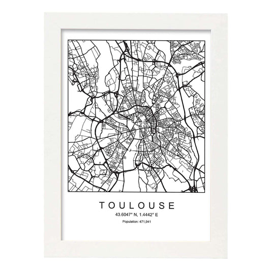 Lámina Mapa de la Ciudad Toulouse Estilo nordico en Blanco y negro.-Artwork-Nacnic-A4-Marco Blanco-Nacnic Estudio SL