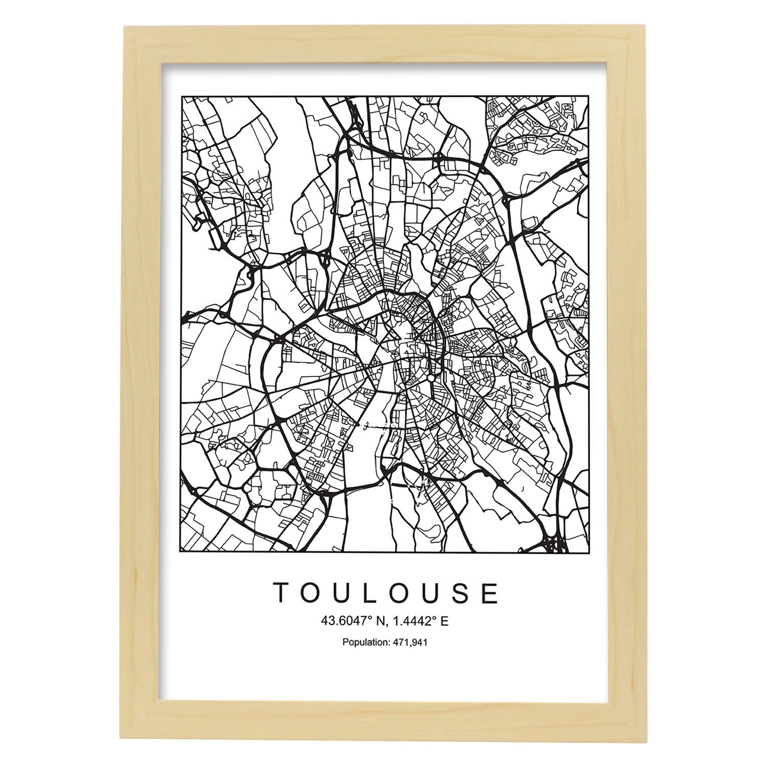 Lámina Mapa de la Ciudad Toulouse Estilo nordico en Blanco y negro.-Artwork-Nacnic-A4-Marco Madera clara-Nacnic Estudio SL